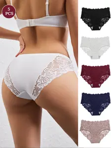 5 Pack Women's Lace Floral Patchwork Underwear, Sexy Elegant Breathable Comfortable Thong Panties, Daily Wear, Fitted Design