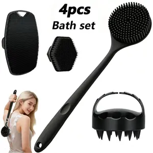 4pcs Bath Cleaning Brush Set, Long Handle Body Brush, Handheld Face Brush, Silicone Scrub Brush, Scalp Massager, Home Daily Care, Exfoliating Brush