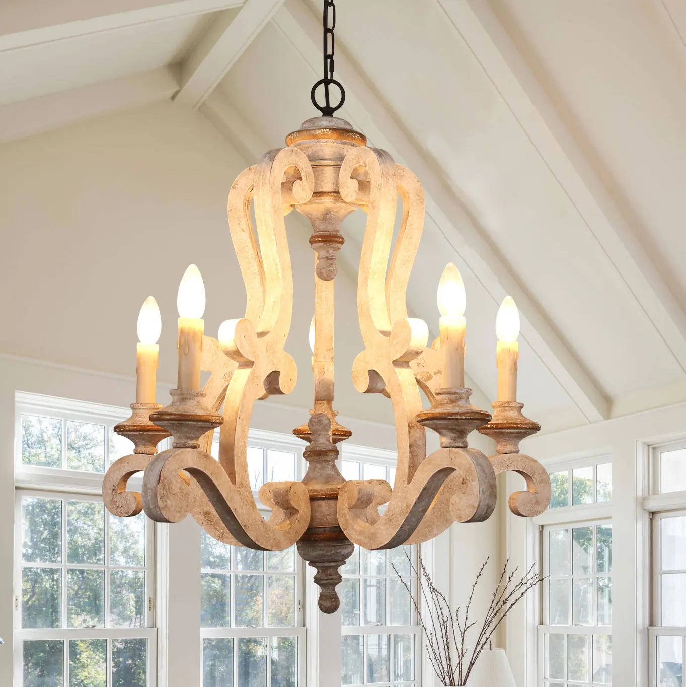 5 Lights 23.2" Medieval Style Distressed White Color Wood Chandelier with 70" Adjustable Chain for Home Decoration