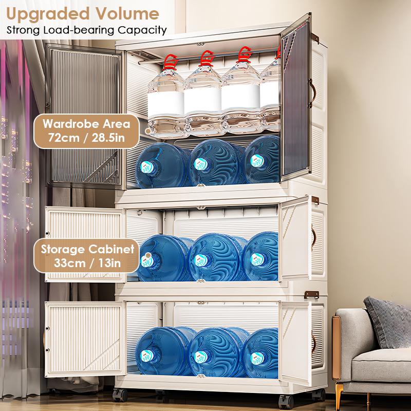 Portable Closet Wardrobe, Folding Storage Bins with Lid, Closet Organizers and Storage, Stackable Storage Box with Hanging Rod and Doors, Collapsible Plastic Clothes Cabinet with Wheels