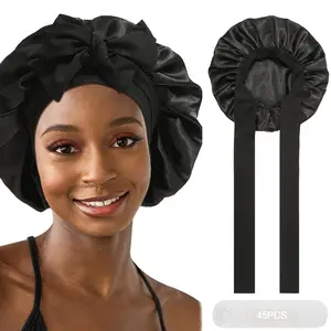 AWAYTR Fashion Black Double Layer Sleeping Cap for Women Silk Like Satin Bonnet Nightcap Hair Care Hats Wide Elastic Band Cap with 45PCS Waterproof Disposable Shower Caps Gift  Adjustable