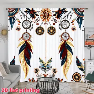 2D Flat 2Pcs Bohemian Dream Catcher Curtains for Living Room, Bedroom, Kitchen Window Decor, Semi-Sheer Lightweight Privacy Protection Panels with Rod Pocket Top, Home Decorative Ethnic Style Treatments, accessory, anti privacy.