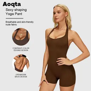 Aoqta Women's Halter Neck Open Back Yoga Romper Sexy Slim Fit Butt-Lift Stretch Jumpsuit High Waisted Short Leggings Activewear for Gym Streetwear Daily