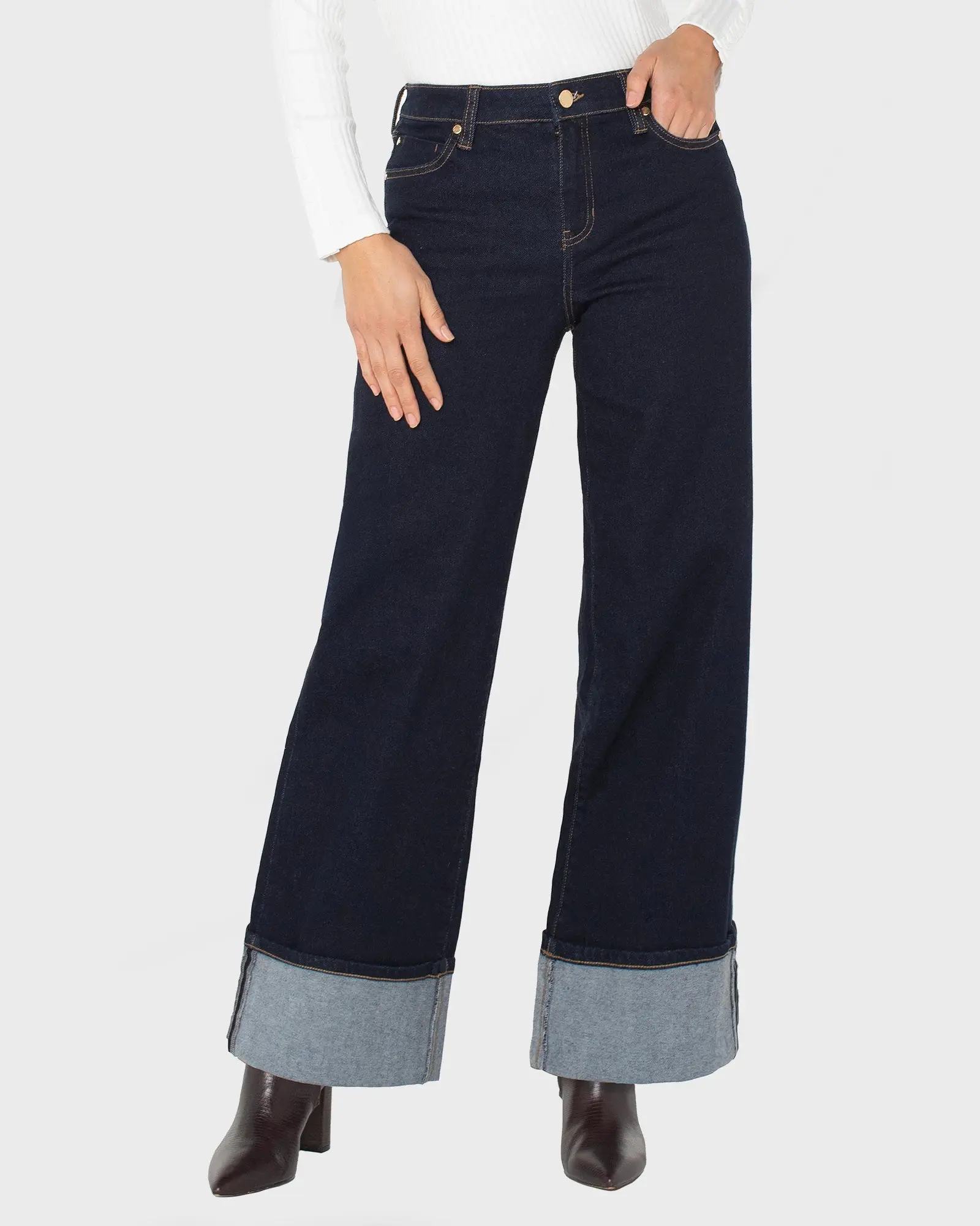 Women's Morgan Cuffed Wide Leg Cotton Denim Casual Jeans, Stylish Everyday Pants, Cuffed Denim Jeans, Bottom, Effortless Jeans, Full Length Jeans