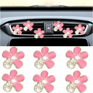 6 count Bling Daisy Flower  Air Vent Clip,  Rhinestone  Air Vent Outlet Clip, Cute Auto Air Conditioning Clip Charm Interior Decor Accessories for Women Girls(Pink)