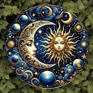Celestial Sun & Moon Pattern Wall Art, Vintage Iron Round Metal Wall Decor, Wall Art for Home Living Room Bedroom Decoration, Decorative Ornaments