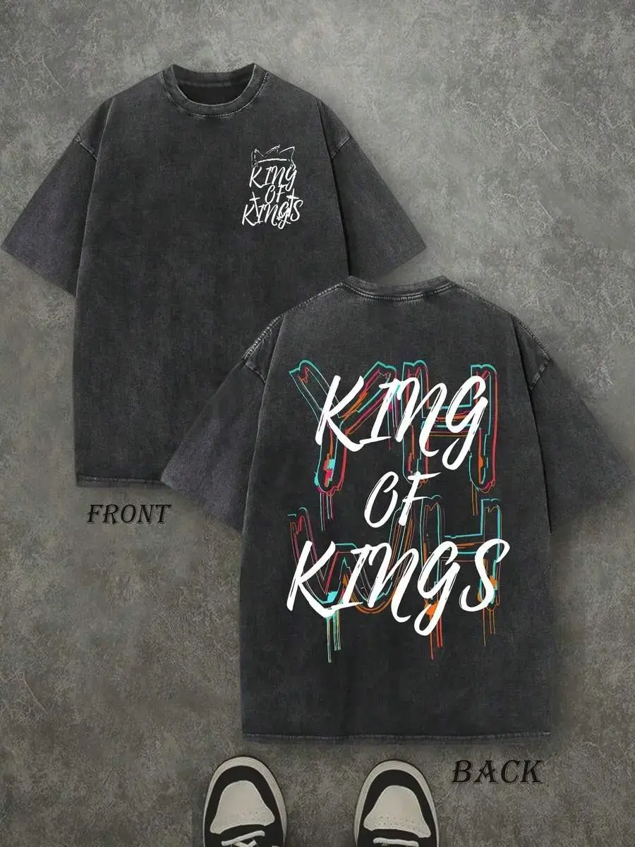 Vintage Washed King Of Kings Double Sided Tee Neon Drip Graffiti Crown Christian Text Oversized Religious Streetwear Casual Tee Unisex Top Stylish Menswear