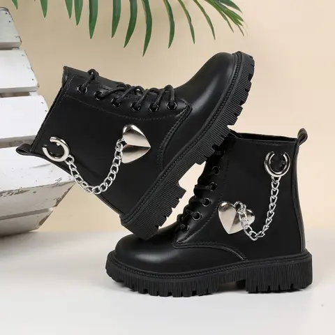 Girls' 2026 Spring Lace‑Up Boots with Side Bling Heart‑Chain Decoration, Unique Versatile Thick Sole Shoes, New Trendy Boots, Fashionable and Stylish, Above Ankle
