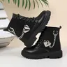 Girls' 2026 Spring Lace‑Up Boots with Side Bling Heart‑Chain Decoration, Unique Versatile Thick Sole Shoes, New Trendy Boots, Fashionable and Stylish, Above Ankle