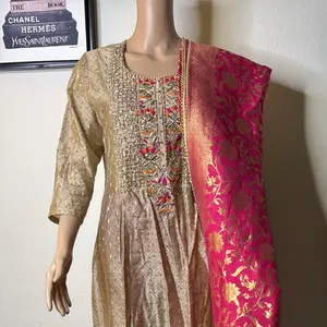 Champagne Gold Embroidered 3-Piece Suit with Pink Banarasi Dupatta size M & L