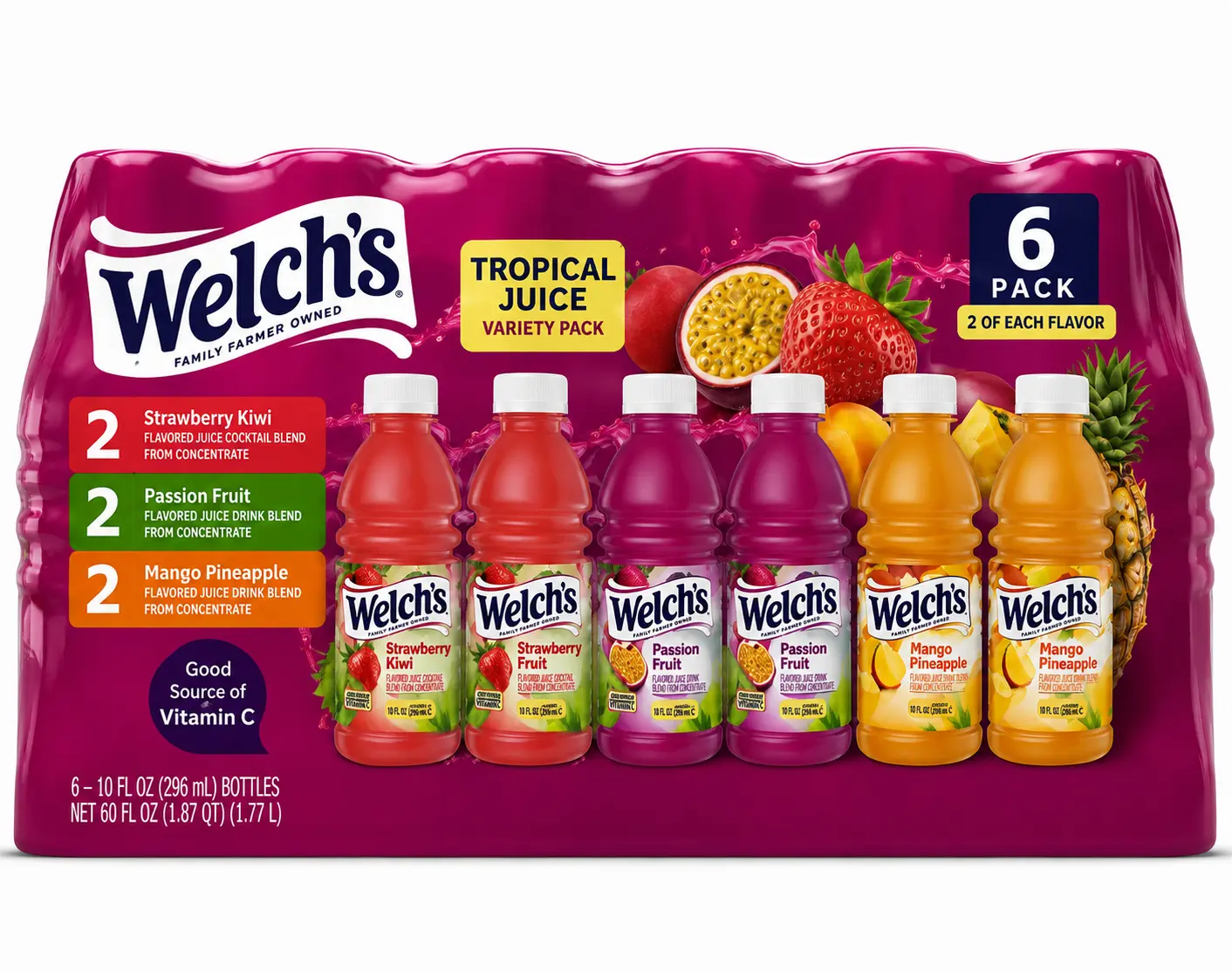 Welch’s Tropical Fruit Drink Variety Pack, 10 fl oz Bottles, 6 Count – Kiwi Strawberry, Passion Fruit & Mango Pineapple Ready-to-Drink Juice Beverages with Vitamin C