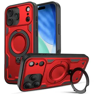 iPhone 17 Pro Max 6.9-inch mobile phone case with a rotable holder, shockproof and anti-drop phone case, magnetic holder with 360 degree rotation, compatible with MagSafe technology, red