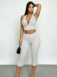 Tiktok Viral 2026 Women's 2 Pack Polka Dot Set, Halter Neck Deep V Crop Top & High Waisted Capri Leggings, Y2K Retro Streetwear
