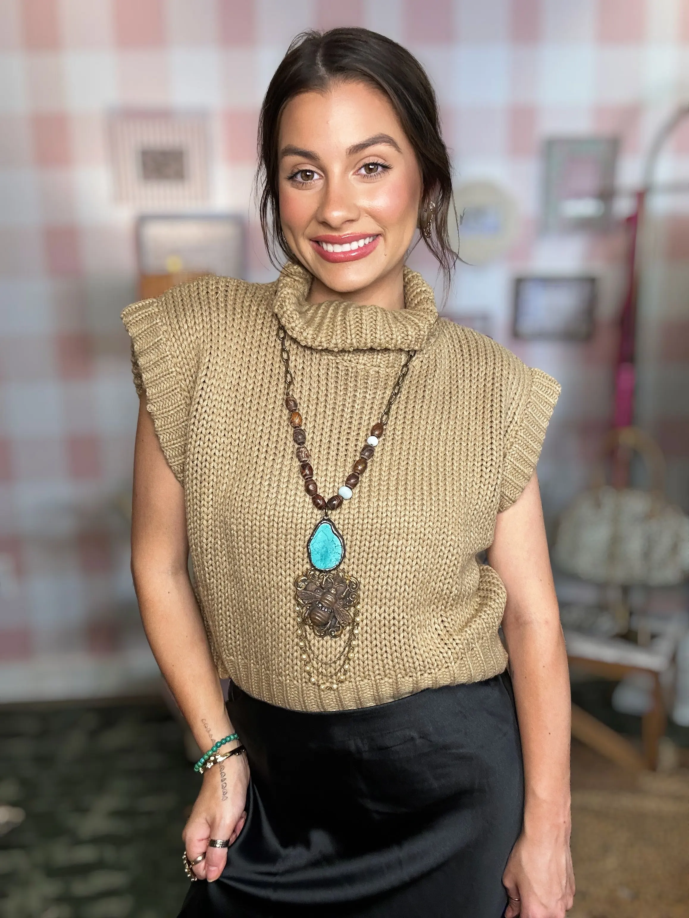 Tan Sleeveless Cropped Turtleneck Knit Top