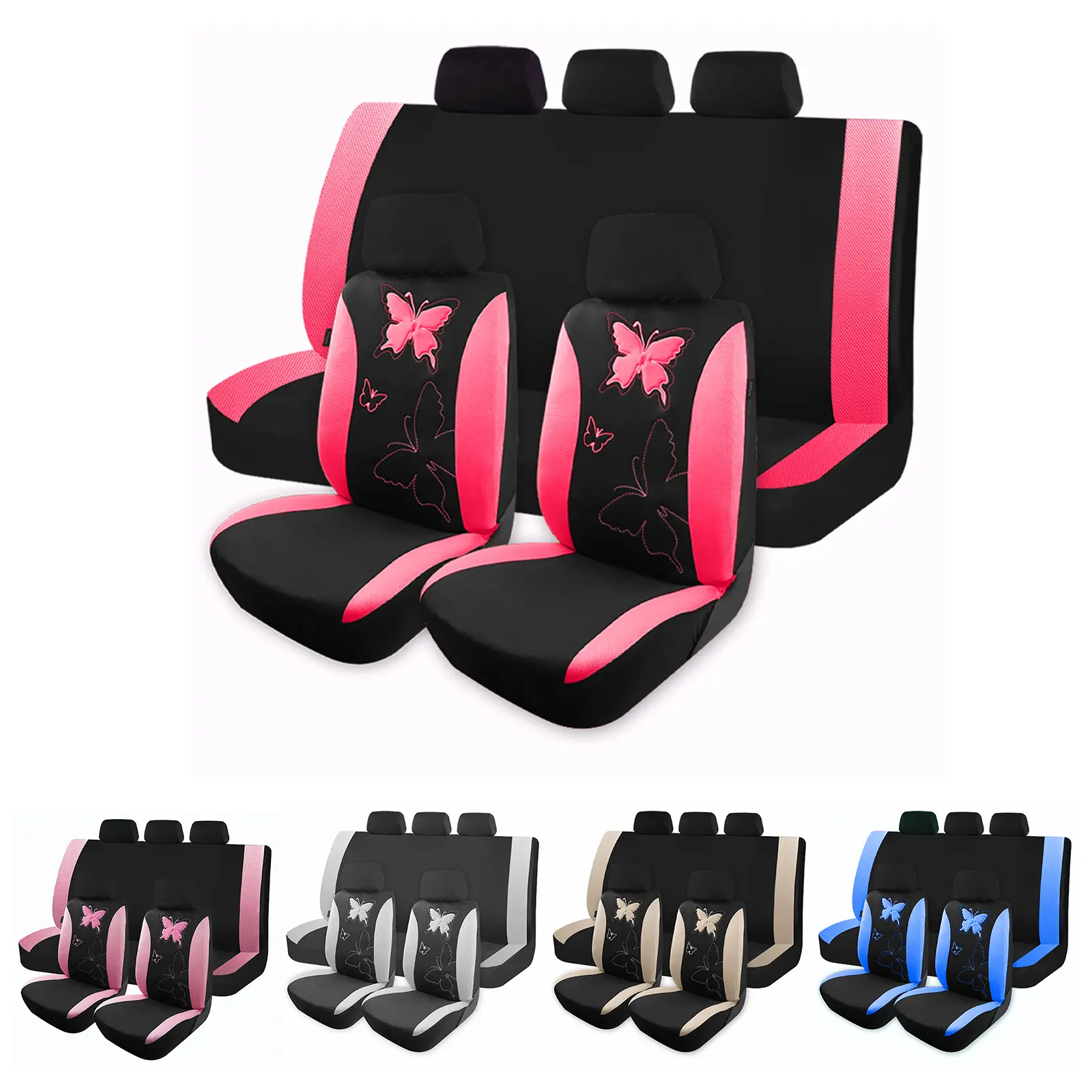 Multicolor Butterfly Printed Car Seat Cushion Set for Women 5 Seats Full Set Premium Polyester 2mm Sponge Comfortable Breathable Universal Fit Car Accessories Automotive Vehicle