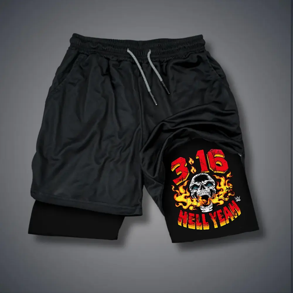 Steve Austin 80s 90s Double-Layer Sports Shorts Graphic Shorts Black Camo Streetwear Shorts Men Outfits Men Vacation Outfits Shorts