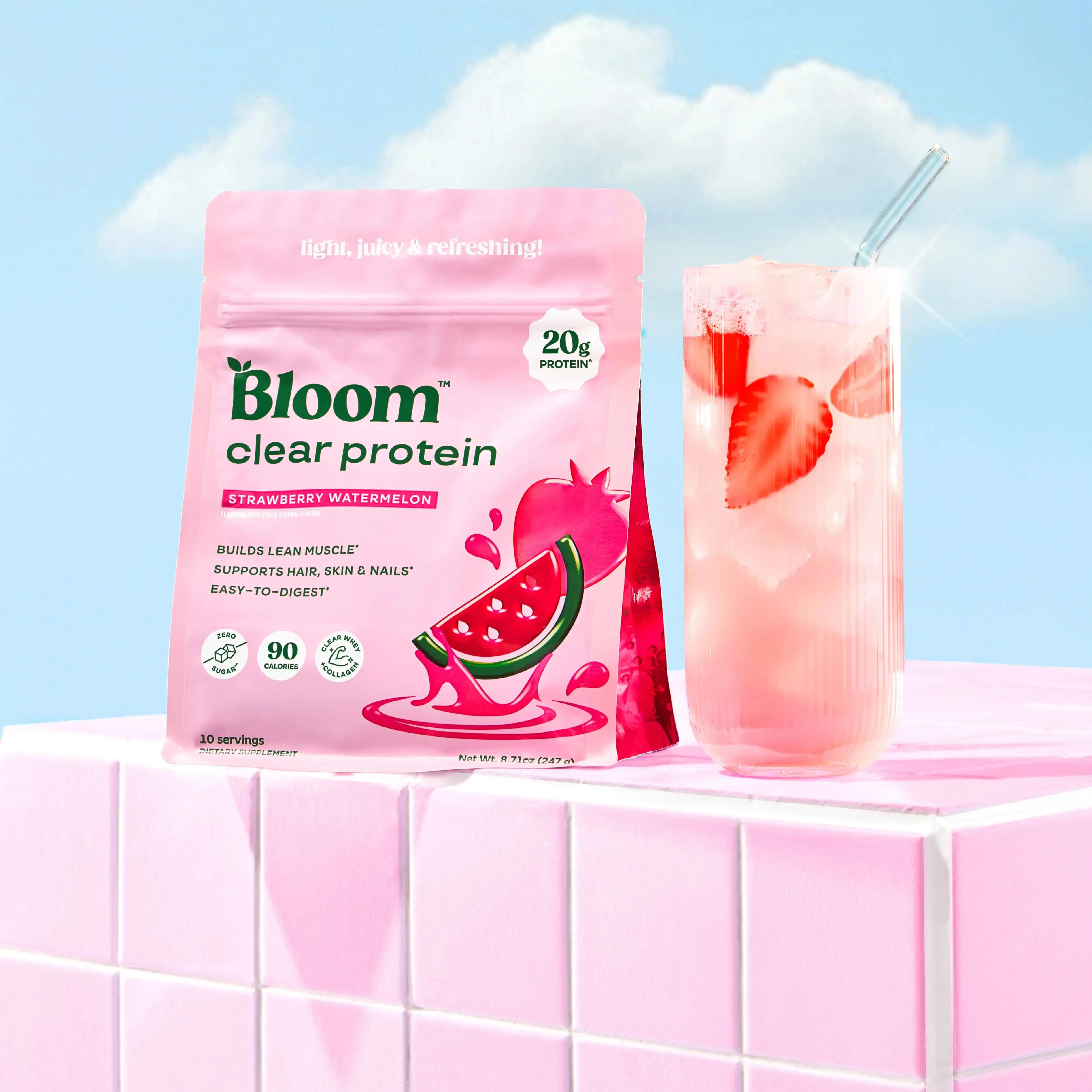 (Flash Sale) Bloom Nutrition Clear Protein - Clear Whey + Collagen Protein Blend | 20g Protein, 90 Calories, 0g Sugar, Light & Refreshing Fruity Drink | Protein for Women