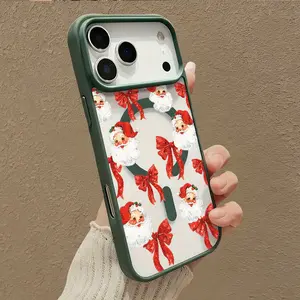 Vintage Christmas Santa Claus Red Bow Pattern Magnetic Phone Case Supports Wireless Charging for iPhone 17 Air 16 15 14 Pro Max 13 12 11 XR XS Plus E Shockproof Non Slip Protection Silicone Transparent Acrylic phone case Smartphone Cellphone