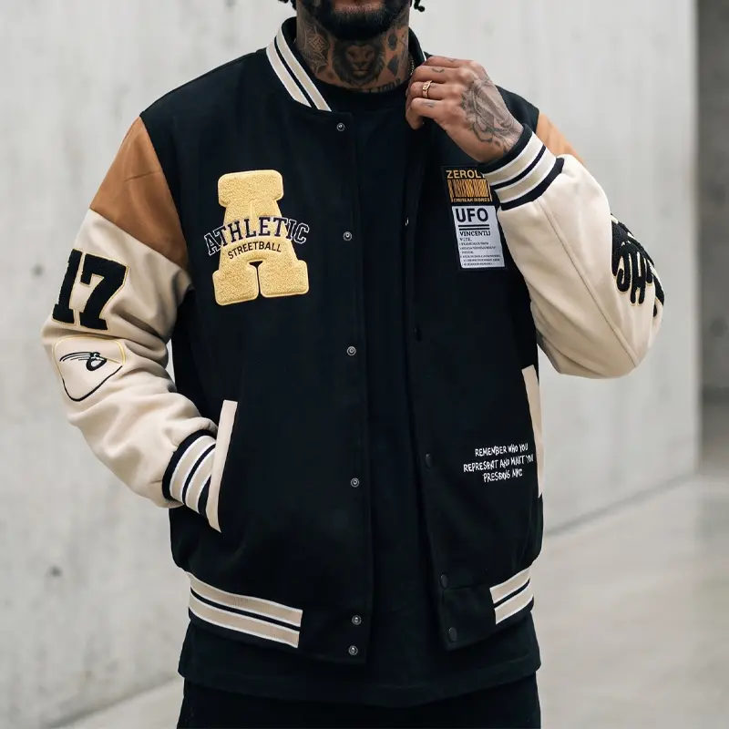 Men’s single piece spring/autumn loose baseball jacket; holiday outdoor casual top; color-block patchwork ribbed striped collar, single-breasted outerwear; letter/number appliqué embroidery + text print; everyday commuting baseball outfit.