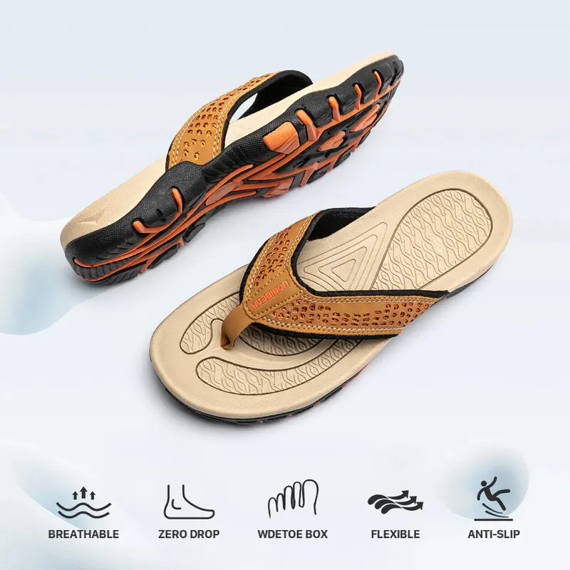 HOBIBEAR Men's Fashion Casual Athletic Faux Leather Thong Flip Flops - Breathable Walking Shoes with Arch Support, Flexible No-Heel Design, Cushioned Non-Slip Rubber Sole, for Indoor-Outdoor Use