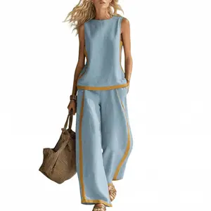 2026 Linen Blend Two Piece Set for Women Sleeveless Color Block Top Wide Leg Pants Set Casual Summer Outfit  LinenSet  WideLegPants  ColorBlock  SummerOutfit  BohoFashion  CasualWear  Outfit of the Day  WomensFashion