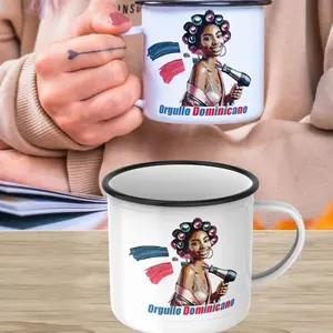 12 oz Enamel Mugs with Dominican Woman in Hair Rollers Orgullo Dominicano Design Perfect for Coffee Lovers