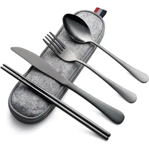 Camping Utensils, Portable Travel Utensils with Case, Stainless Steel  Silverware for Lunch Adult, 5 count Cutlery Set Includes  Spoon Fork Chopsticks and Case (Black)