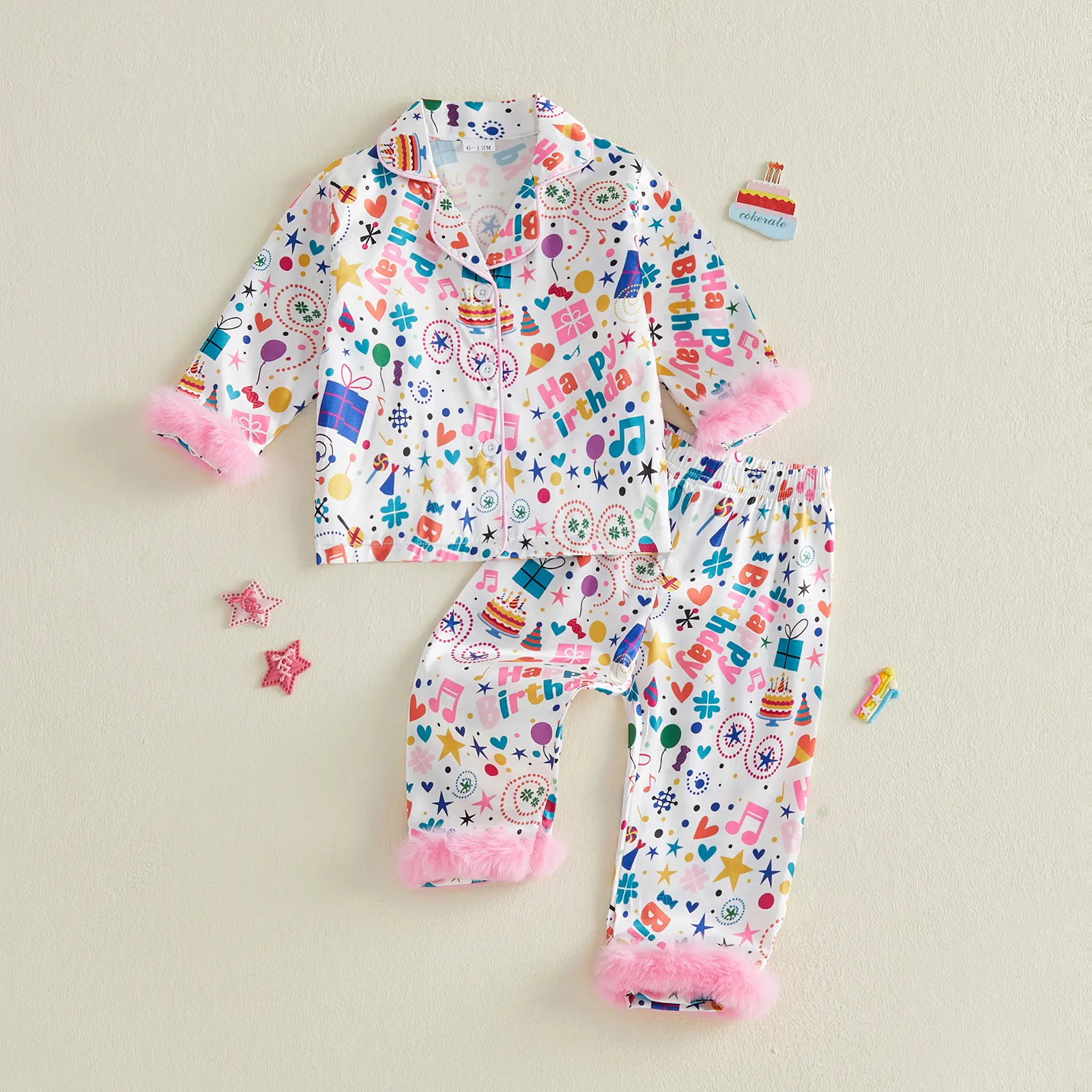 Toddler Baby Little Girls Birthday Pajamas Set Long Sleeve Cartoon Print Fur Cuffs Tops and Pants Set Sleepwear 1-6 Years
