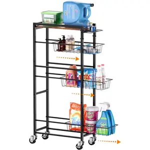 4 Tier Slim Rolling Storage Cart with Pull-Out Baskets, Narrow Sliding Storage Slim Laundry Rolling Cart Between Washer and Dryer