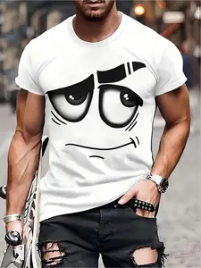 Men's Regular Fit Face Print Round Neck Tee, Casual Sports Style Short Sleeve Crew Neck T-shirt for Summer, Fashion Men's Top for Daily Wear