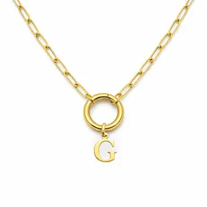 Paperclip Link Circle Carabiner Intial Letter Charm Holder Necklace for Women Stainless Steel 20" Ginger Lyne