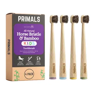 PRIMALS Kids Horse Bristle & Bamboo Toothbrush (4-Pack) - 100% Soft & Luxurious Bristles - Plastic & Nylon Free - Protects from Microplastics