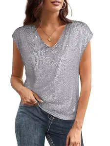 Women's V Neck Sequined Short Sleeve Top, Sparkling Backless Party Shirt, Stylish Casual Wear for Women, Perfect for Parties and Events