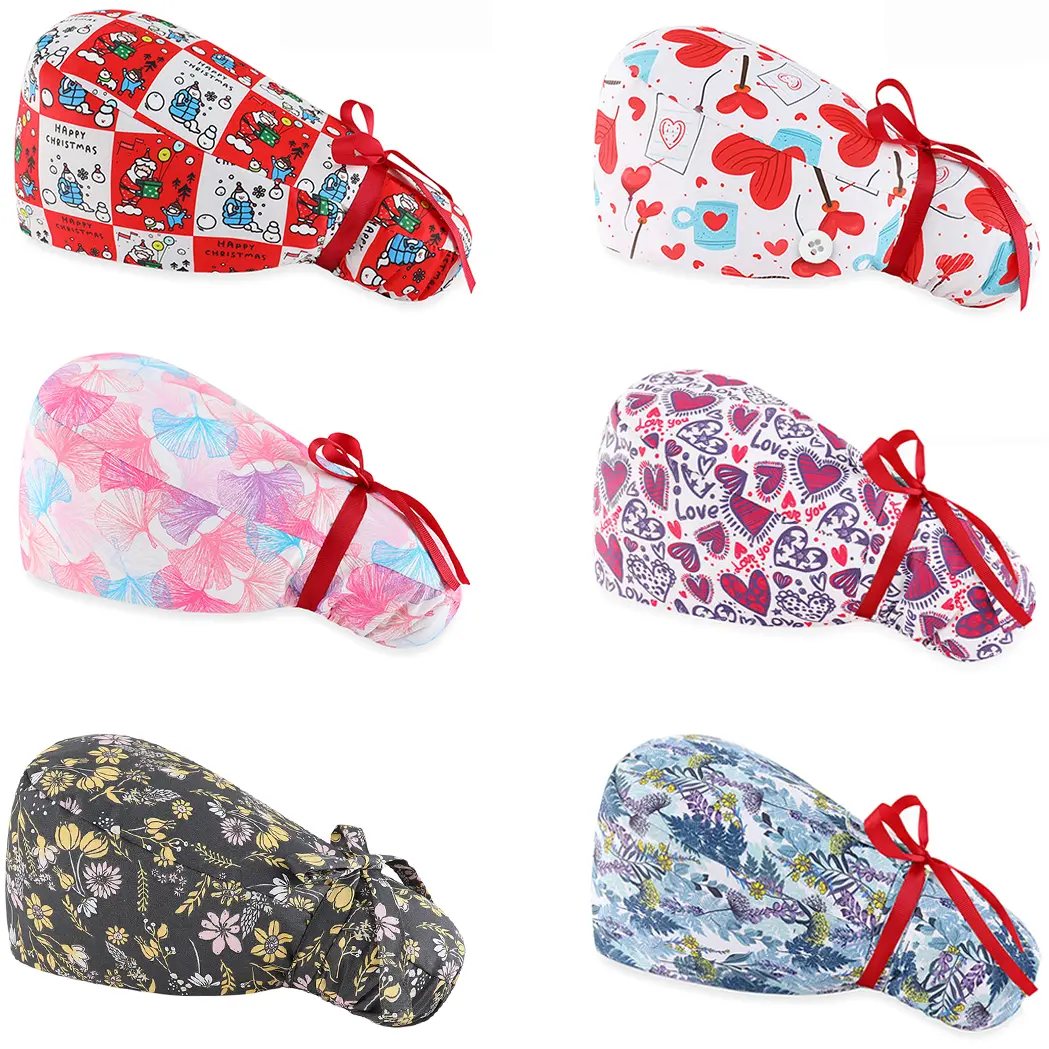 Surgical Scrubs Cap with Floral Print for Women, 6 Pack Stock with Adjustable Tie-Back and Ponytail Pouch, Adjustable Headwear, Funny Cap
