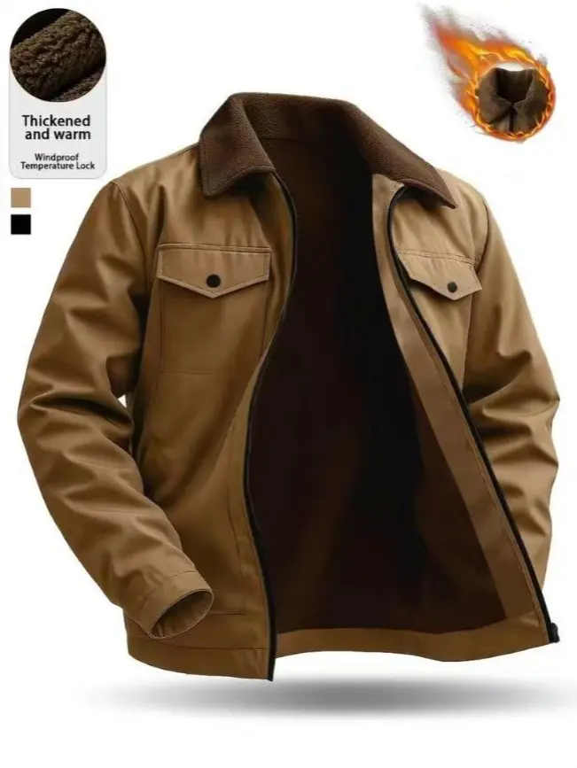 Men's Vintage Fleece-Lined Trucker Jacket, Thick Warm Windproof Workwear Coat with Multiple Pockets, Suitable for Outdoor and Casual Style, Ideal for Autumn and Winter Wear  Long Sleeve