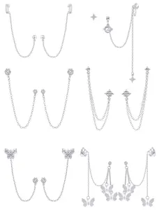 6 Pairs Cuff Earrings Chain Drop Dangle Earrings with CZ Inlaid Wrap Threader Tassel Earrings Cartilage Double Piercing Holes Fashion Chic Minimalist Crawler Climber Stainless Steel Earring Planet Butterfly Moon Round Studs for Women