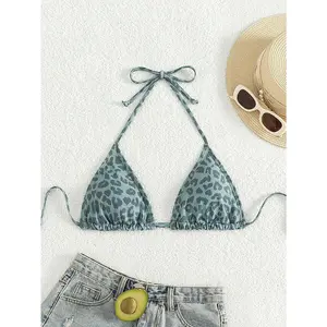 Women Leopard Print Halter Tie Up Sexy Bikini Top For Beach Vacation Summer
