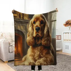 English Cocker Spaniel Beige Puppy Dog by the Fireplace Flannel Blanket, Thick Faux Fur Blanket, Bedroom Leisure Blanket, Couple Custom Blanket, Extra Large Warm Blanket, Living Room Throw