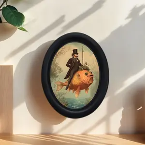 Vintage Victorian Style Oval Frame Wall Art, Gentleman Riding Fish Surrealistic Decor, Unique Funny Oval Frame for Living Room Entryway Bedroom