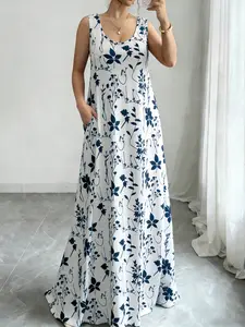Plus Size Women's Summer Casual Boho Fit Bohemian Maple Leaf Print Dress, Round Neck Sleeveless Long Dress with Pockets, Perfect for Vacation and Daily Wear