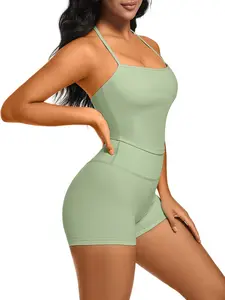 Women's Summer Sporty Yoga Set, Sleeveless Plain Top and Shorts, Above Knee Length, All Seasons Fitness Wear, Sexy Tank Top, Athletic Sets