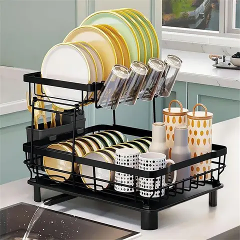 2 Tier Dish Drying Rack for Kitchen Counter and Sink, Black | Large Dish Drying Rack,Multifunctional Stainless Steel Dish Racks with Auto Drain,Cup & Utensil Holder,Countertop Organizer, 13" W x 17" L x 13" H