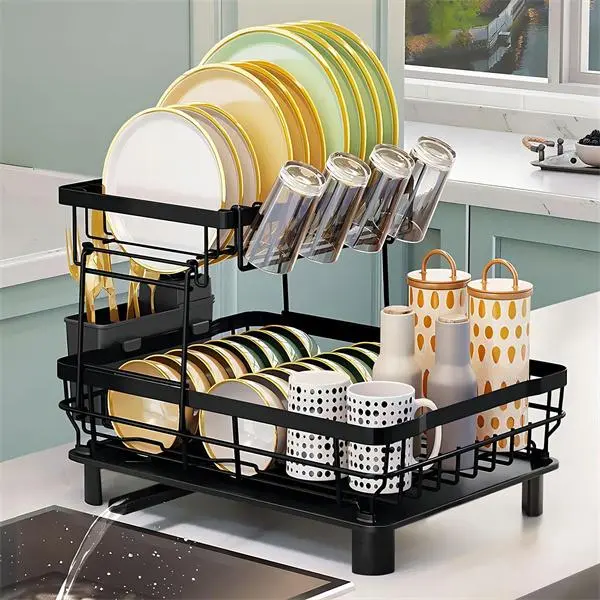 2 Tier Dish Drying Rack Dish Racks for Kitchen Counter Metal Dish Drainers with Knife Cup Utensil Holder, Black dishdryerrack