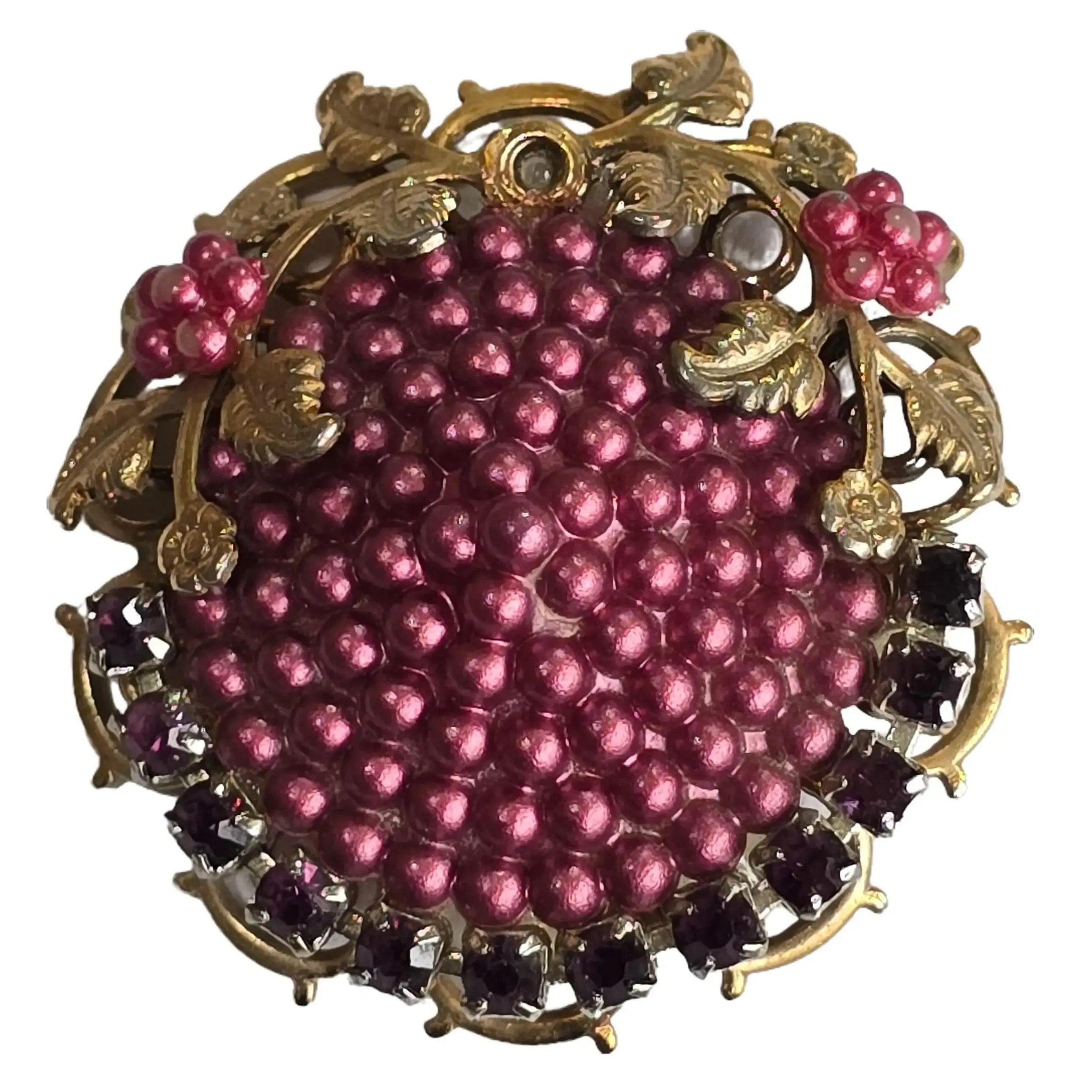 Vintage Gold Tone Ivy Flower Vine Wrapped Textured Purple Raspberry Style Necklace Pendant with Rhinestones