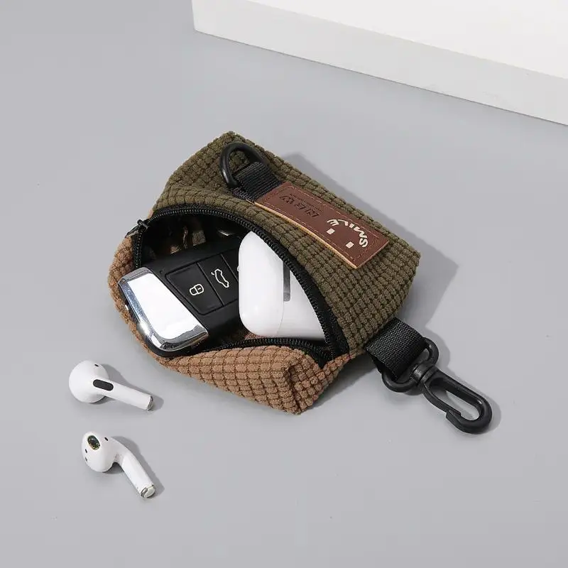 Retro Colorblock Corduroy Zipper Pouch - Portable Zip-Closure Casual Mini Coin Purse with Corduroy Craftsmanship, Durable Lightweight Polyester Organizer for Earphones, Keys, Preventing Loss & Reducing Clutter