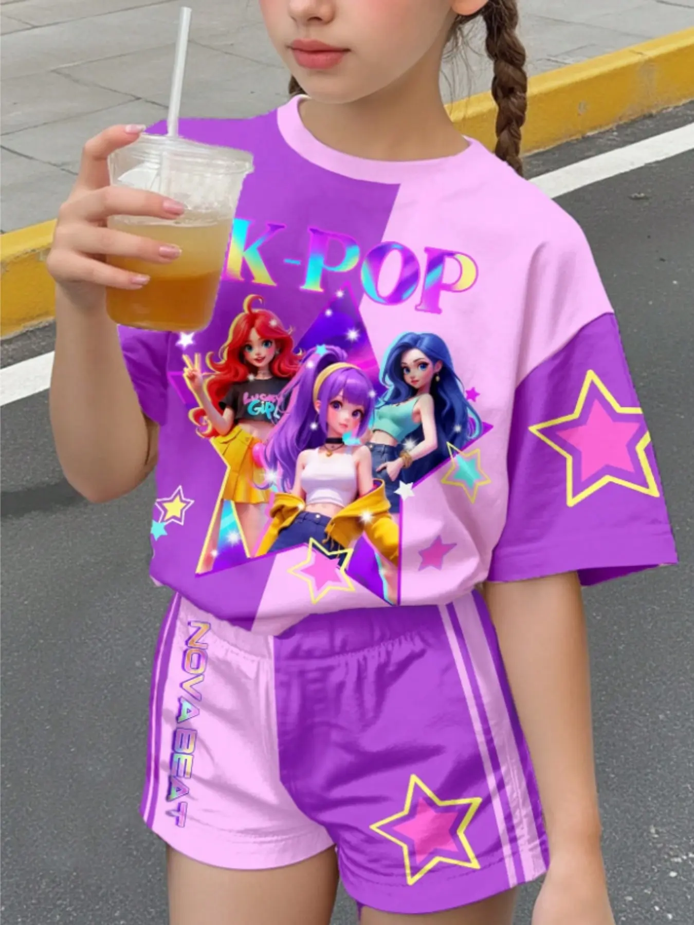 Girls Colorblock Cartoon Girl Print Casual Round Neck Short Sleeve T-Shirt and Shorts Set, Fashion Clothes Set, Spring Summer Daily Wear, Summer Clothing Set