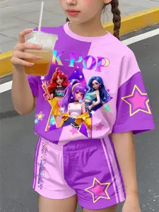 Girls Colorblock Cartoon Girl Print Casual Round Neck Short Sleeve T-Shirt and Shorts Set, Fashion Clothes Set, Spring Summer Daily Wear, Summer Clothing Set