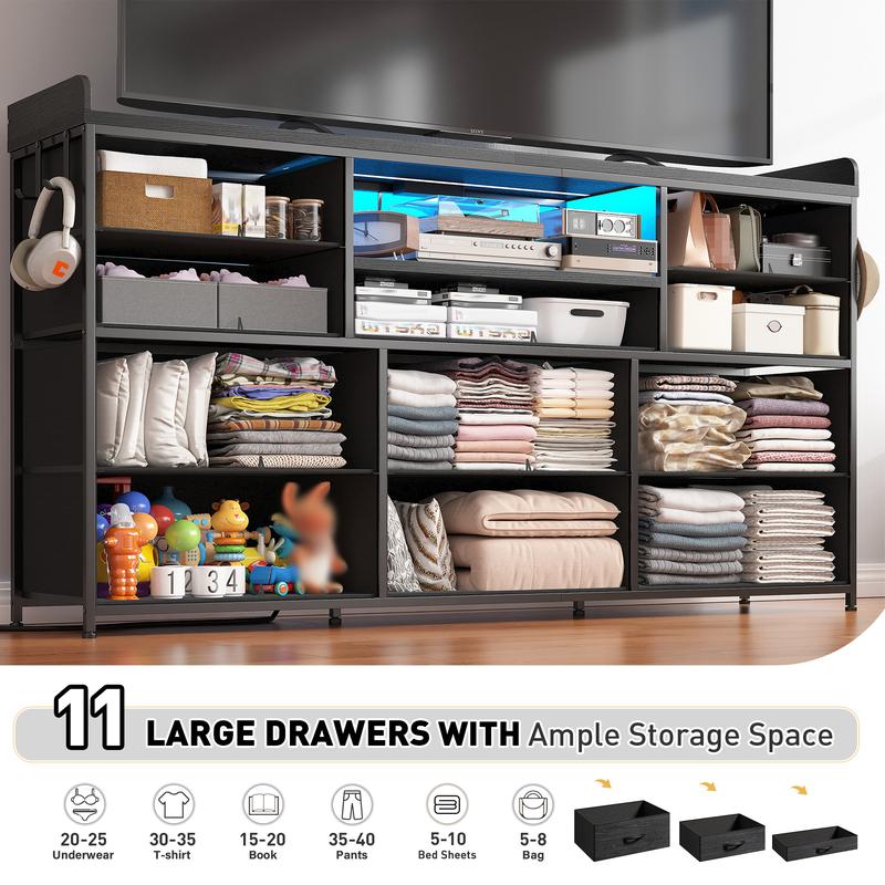 【Holiday Haul】Raybee 11 Drawer Smart LED Dresser, with Charging Station, Power Outlets, LED Lights & Shelves, Modern Storage Cabinet for Bedroom/Hallway, TV Stand for 32-55 inch TVs, Easy 10-min Assembly, Includes 4 Hooks