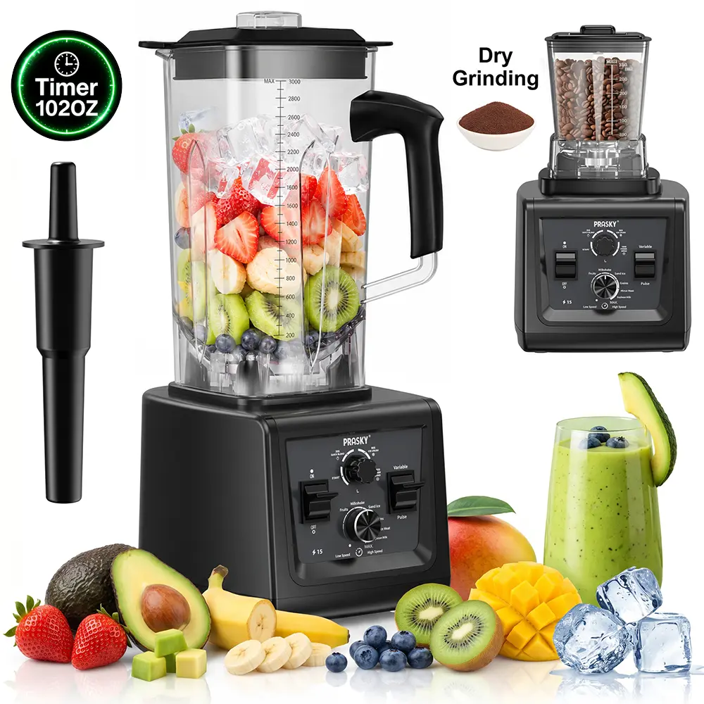 Prasky PRO Blender – 68oz/102oz with Timer (Optional) + Extra 17oz Jar, 2 BPA-Free Cups, 2400W Motor, 25k RPM Ice Crusher – Smoothies, Juices, Soup & Nut Butter