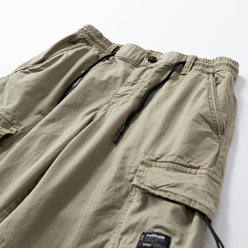 100% Cotton Tactical Cargo Pants with Multiple Pockets, 3D Large Cargo Pockets, Drawstring Bag, Mid-Length Outdoor Hiking Shorts